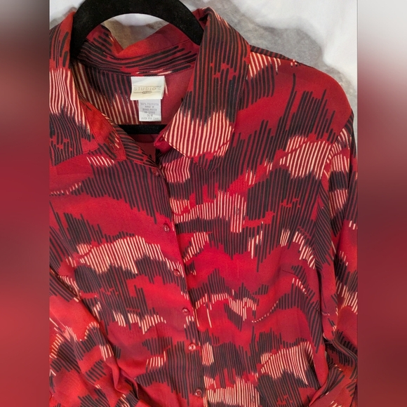 Studio C Plus 16W Abstract Long Tunic, Shirt, Blouse, Button Front Red, Black - Picture 7 of 16